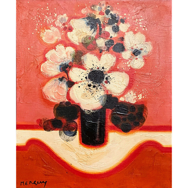 Frédéric Menguy (1927-2007), Huile Sur Toile Des Années 1970 Titrée « Fleurs Blanches ».
