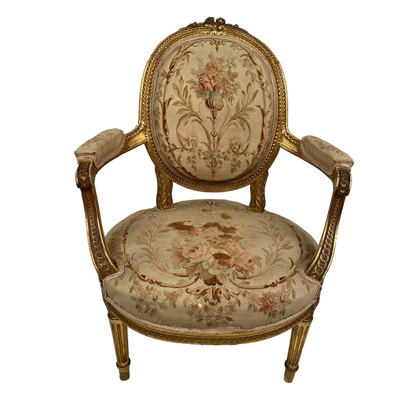 Poltrona in legno dorato in stile Luigi XVI, fine XIX o inizio XX secolo