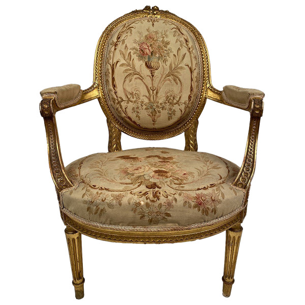 Poltrona in legno dorato in stile Luigi XVI, fine XIX o inizio XX secolo