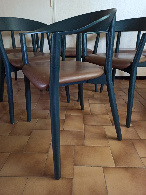 Set of 6 MITO chairs from Conmoto by Pascal Bosetti, wood model with leather seat