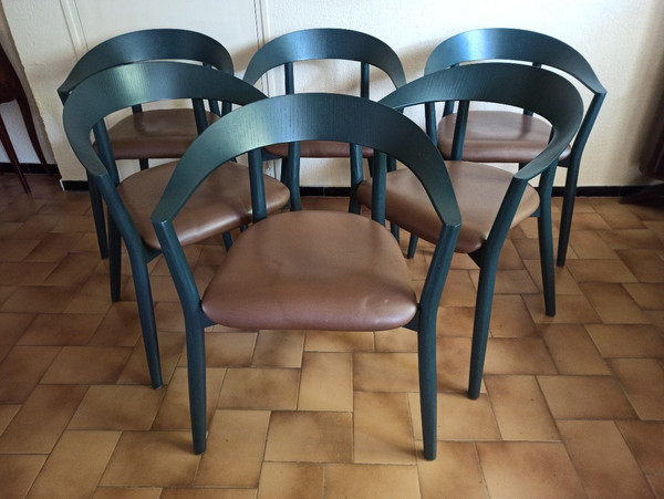 Set of 6 MITO chairs from Conmoto by Pascal Bosetti, wood model with leather seat
