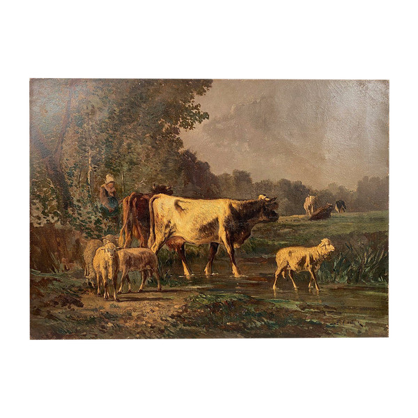 Andres Cortes (Spanish painter 1812-1879), landscape with cows and sheep. Oil on canvas 19th century