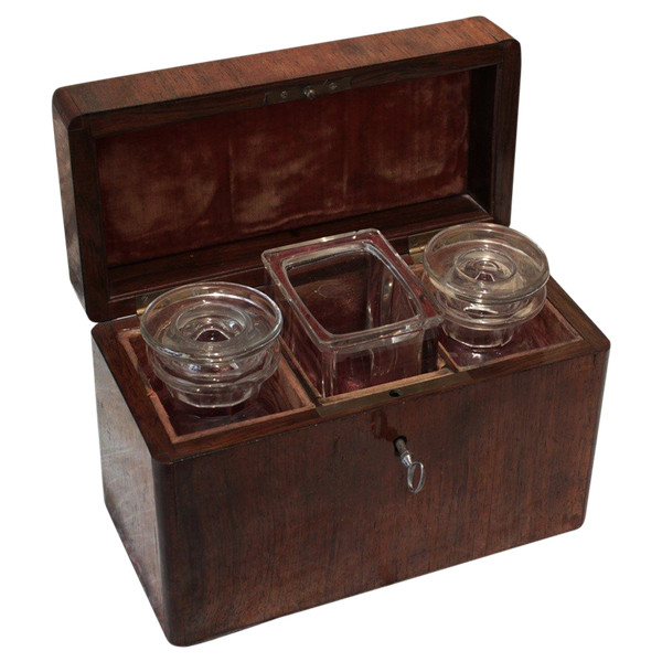 Travel tea box in veneer wood and its 3 original bottles, 19th century period