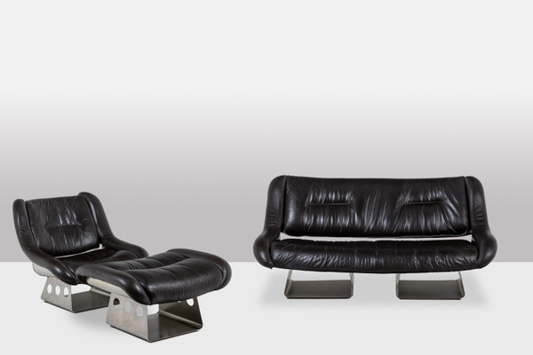 Soggiorno in metallo e pelle. Anni '70 LS57905650/5G