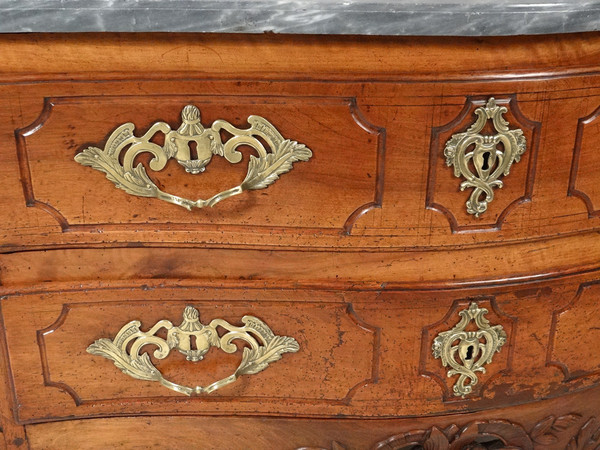 Commode Sauteuse Provençale Noyer Sculpté Marbre Gris Bronze Doré XVIIIème