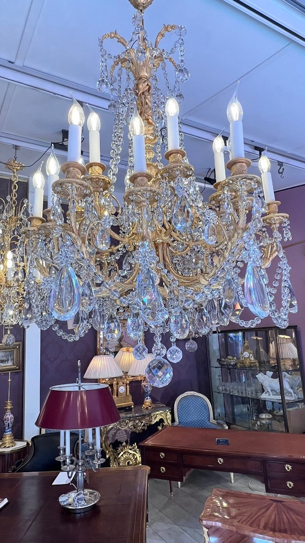Grand Lustre En Bronze Doré Et Cristal D’époque Napoléon III