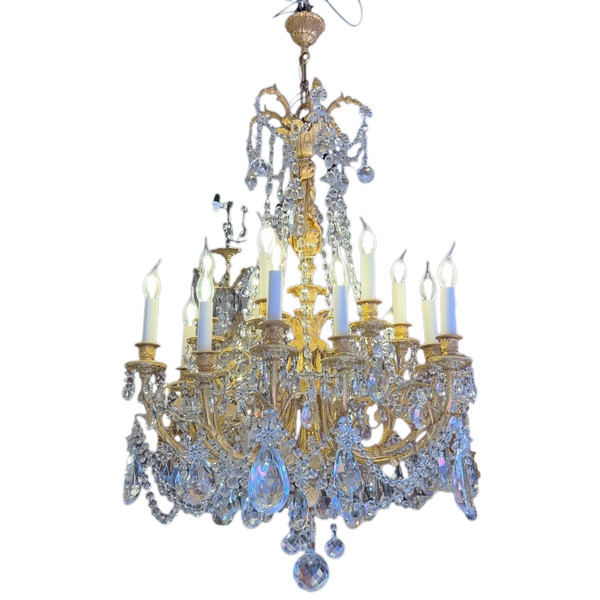 Grand Lustre En Bronze Doré Et Cristal D’époque Napoléon III