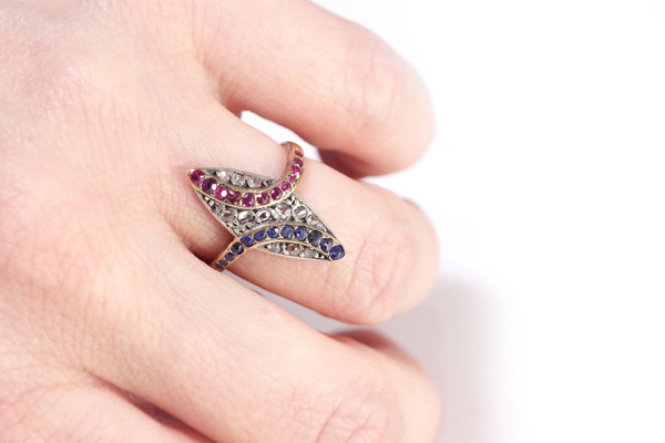 Anello marchesa patriottico in oro 18k e argento, bandiera francese, colore bandiera, blu bianco rosso