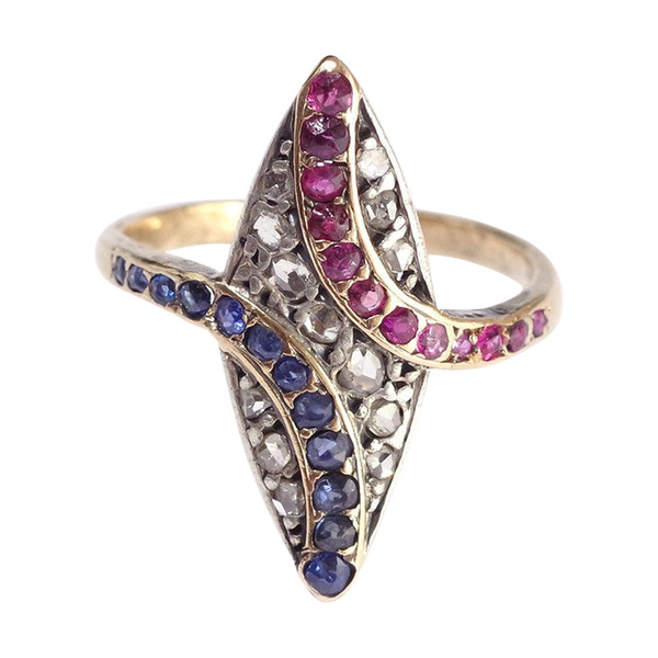 Anello marchesa patriottico in oro 18k e argento, bandiera francese, colore bandiera, blu bianco rosso