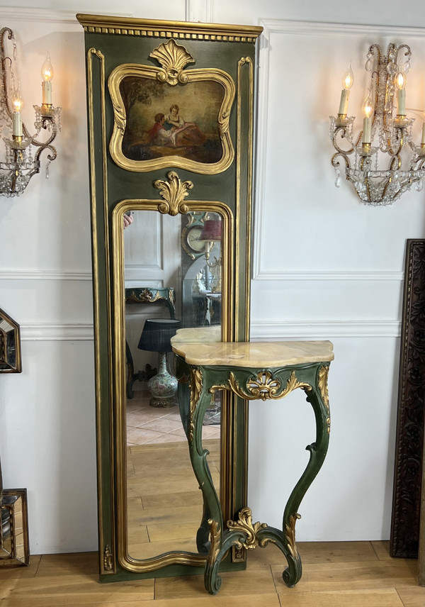 Console et son Trumeau Ancien en Bois Peint Vert et Doré 