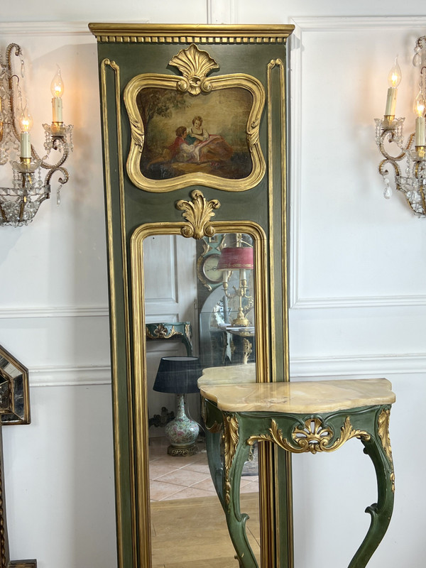 Console et son Trumeau Ancien en Bois Peint Vert et Doré 