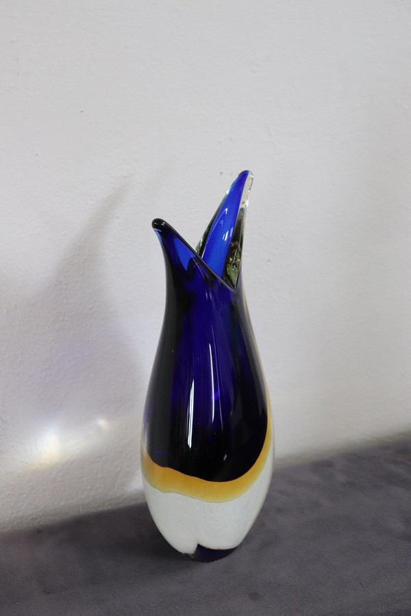 Vaso in vetro di Murano blu e giallo di Formia, anni '70