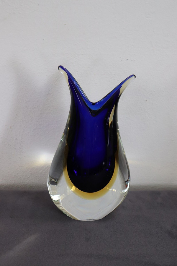 Vaso in vetro di Murano blu e giallo di Formia, anni '70