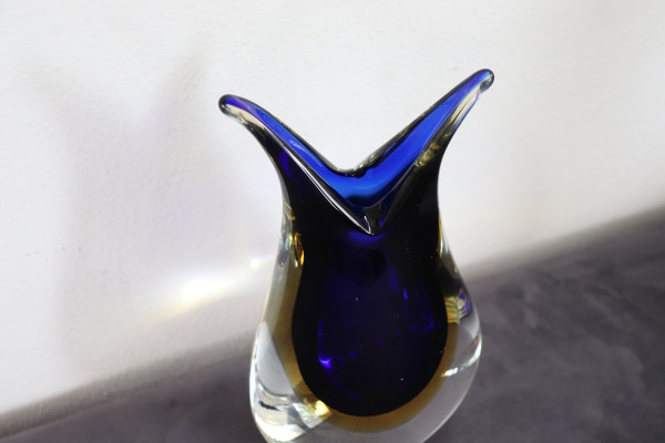 Vaso in vetro di Murano blu e giallo di Formia, anni '70