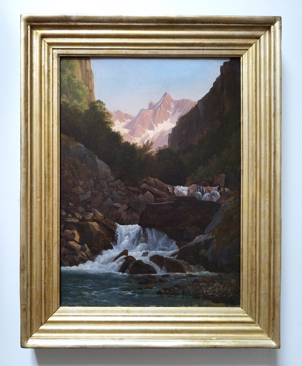 Tableau Huile Sur Toile Paysage Montagne Cascade école Suisse XIXème
