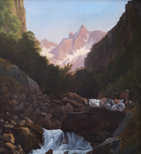 Tableau Huile Sur Toile Paysage Montagne Cascade école Suisse XIXème