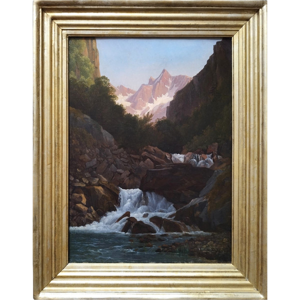 Tableau Huile Sur Toile Paysage Montagne Cascade école Suisse XIXème