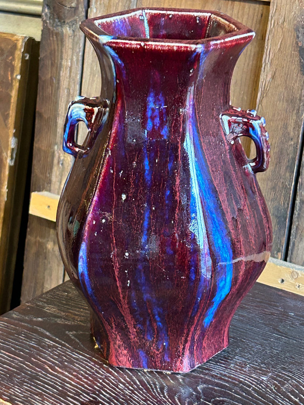 Blue And Aubergine Flamed Chinese Porcelain Vase, Elephant Head Handles, 19th Century 