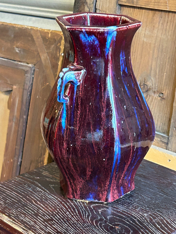 Blue And Aubergine Flamed Chinese Porcelain Vase, Elephant Head Handles, 19th Century 