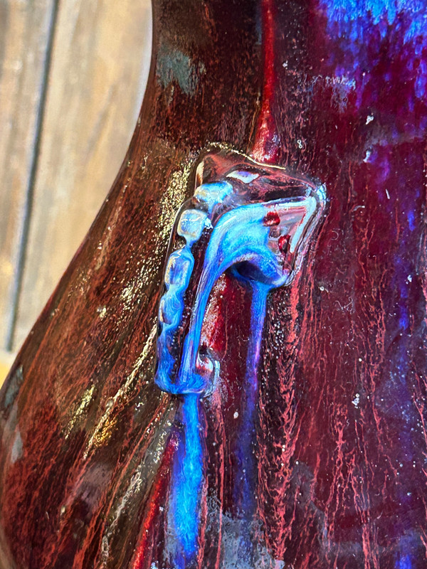 Blue And Aubergine Flamed Chinese Porcelain Vase, Elephant Head Handles, 19th Century 