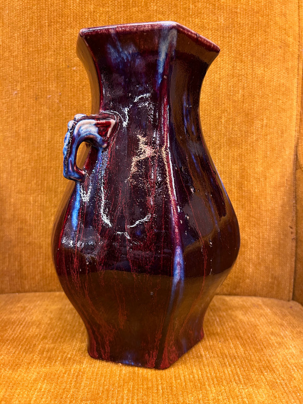 Blue And Aubergine Flamed Chinese Porcelain Vase, Elephant Head Handles, 19th Century 