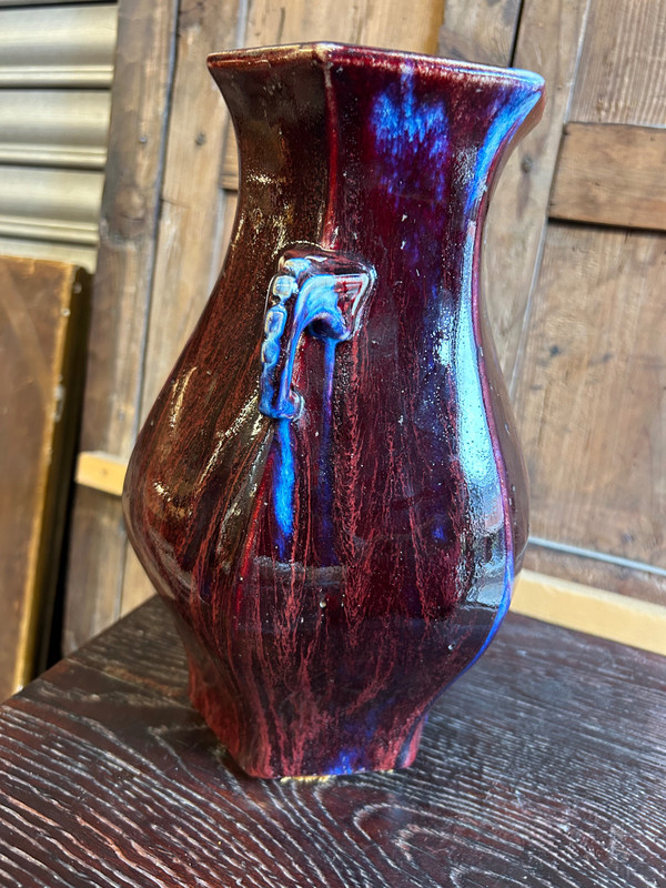 Blue And Aubergine Flamed Chinese Porcelain Vase, Elephant Head Handles, 19th Century 