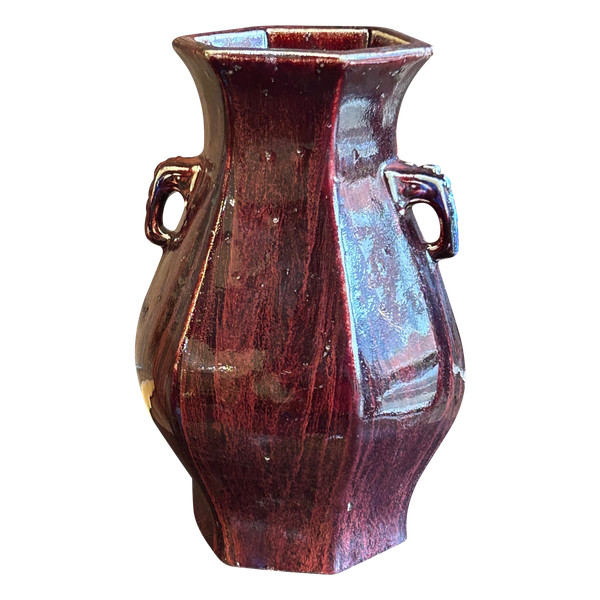 Blue And Aubergine Flamed Chinese Porcelain Vase, Elephant Head Handles, 19th Century 