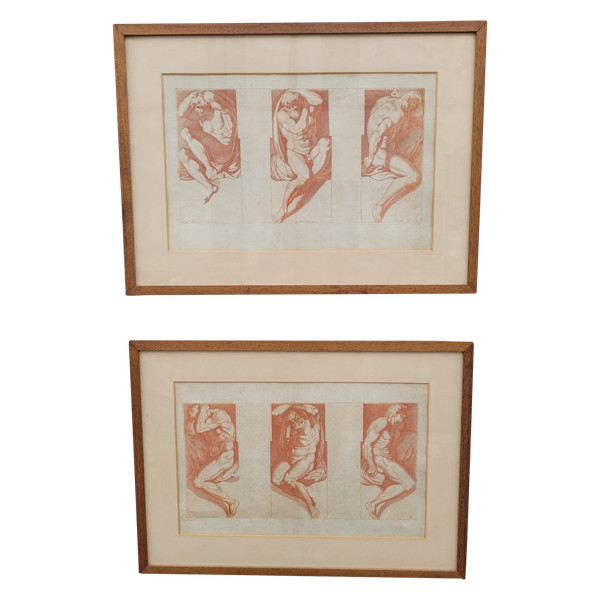 Coppia di incisioni nello stile della sanguigna (gesso rosso) 