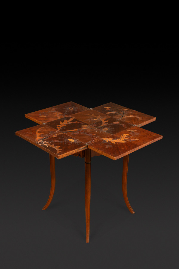 Game Table in Walnut and Veneer Marquetry with Floral Thistle Decoration (c. 1910) EMILE GALLE: