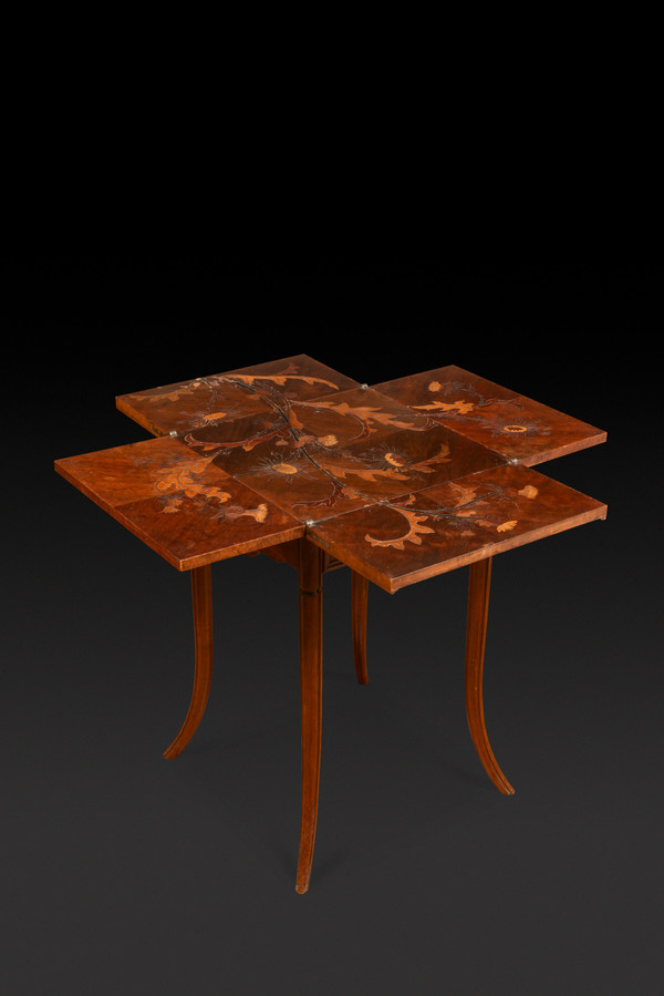 Game Table in Walnut and Veneer Marquetry with Floral Thistle Decoration (c. 1910) EMILE GALLE: