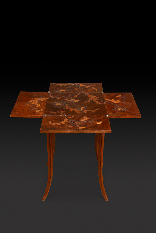 Game Table in Walnut and Veneer Marquetry with Floral Thistle Decoration (c. 1910) EMILE GALLE: