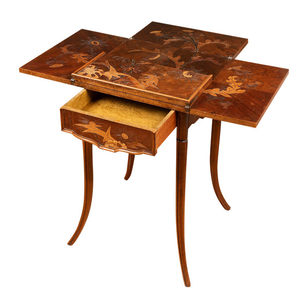 Game Table in Walnut and Veneer Marquetry with Floral Thistle Decoration (c. 1910) EMILE GALLE: