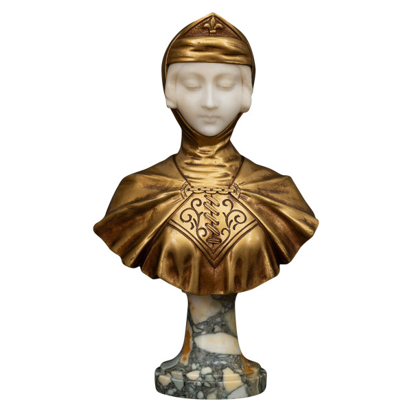 Busto in alabastro e bronzo dorato "GIOVANNA D'ARCO" (inizio del XX secolo) di G. VAN VAERENBERGH: