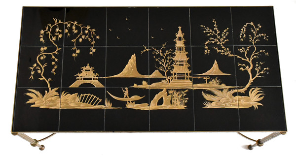 Vintage-Couchtisch mit karierter Platte und chinesischer Landschaftsdekoration
