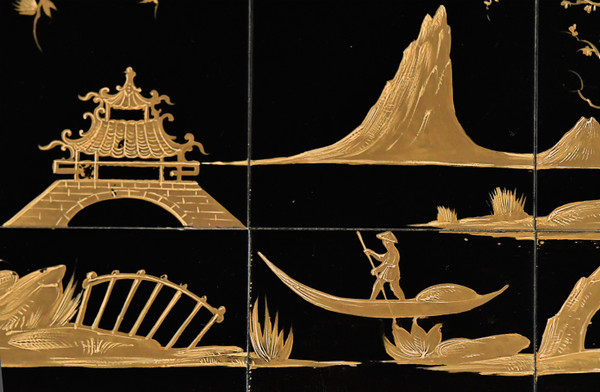Vintage-Couchtisch mit karierter Platte und chinesischer Landschaftsdekoration