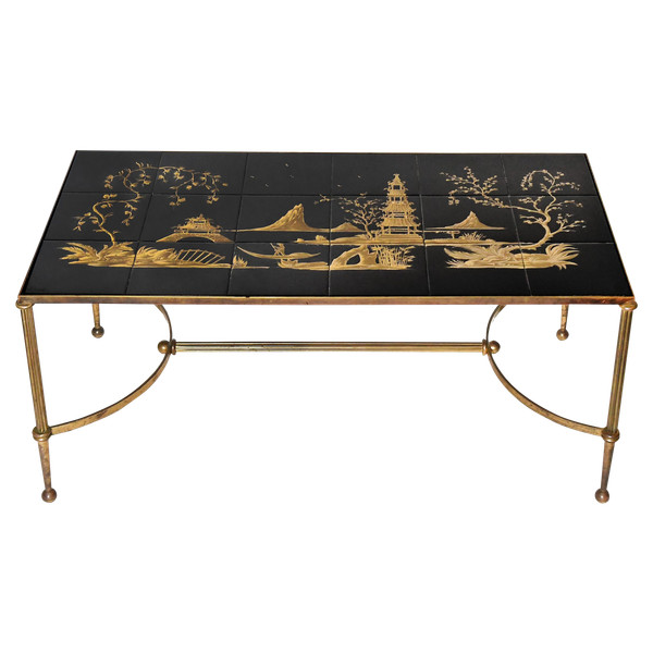 Vintage-Couchtisch mit karierter Platte und chinesischer Landschaftsdekoration