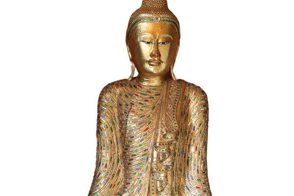 Un grand Bouddha debout en bois doré et incrusté, Thaïlande, 20ème siècle 