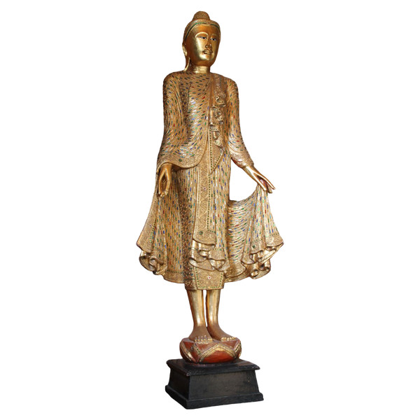 Un grand Bouddha debout en bois doré et incrusté, Thaïlande, 20ème siècle 