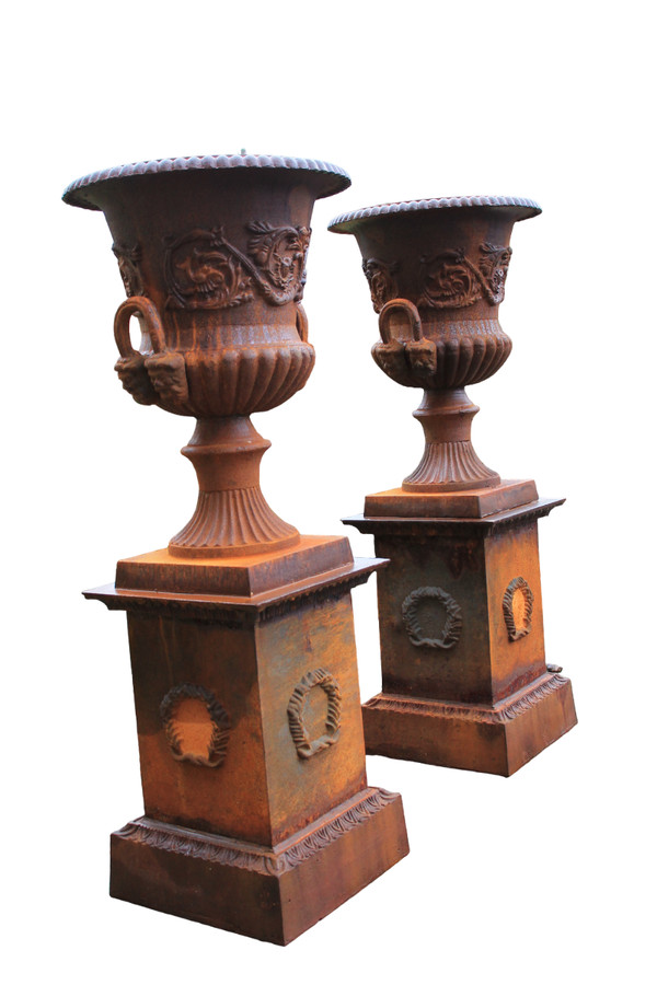 Two Large Medici Vases on their cast iron bases 