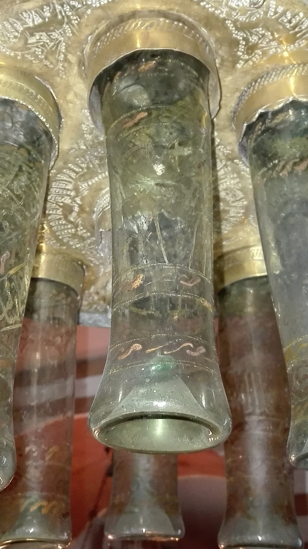 Lampe de mosquée XIXe siècle munie de 6 verres caligraphiés, laiton ajouré