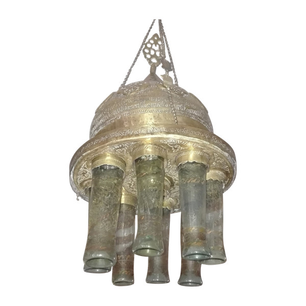 Lampe de mosquée XIXe siècle munie de 6 verres caligraphiés, laiton ajouré