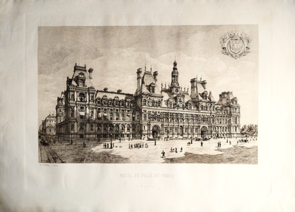 Etching Paris City Hall Engraving By Eugène Sadoux  Old Print Dated 1886 19th C