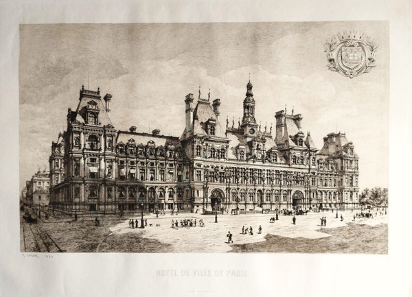Etching Paris City Hall Engraving By Eugène Sadoux  Old Print Dated 1886 19th C