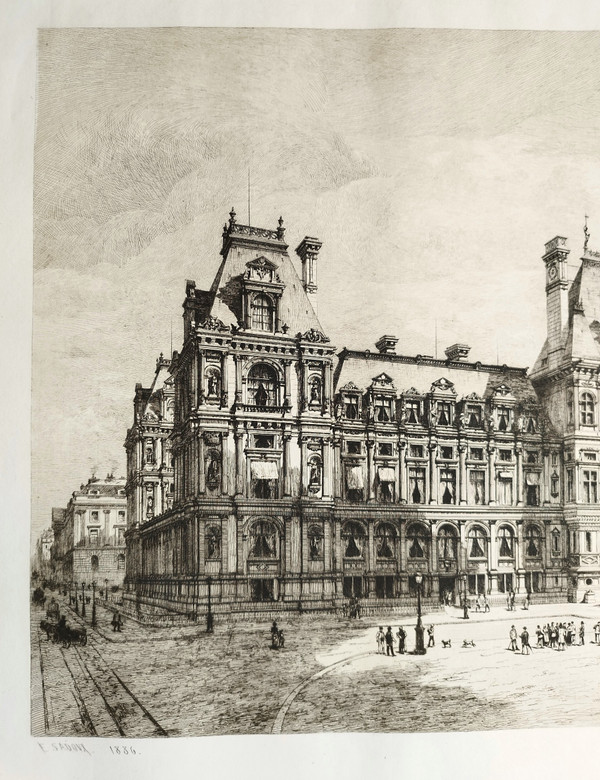 Etching Paris City Hall Engraving By Eugène Sadoux  Old Print Dated 1886 19th C