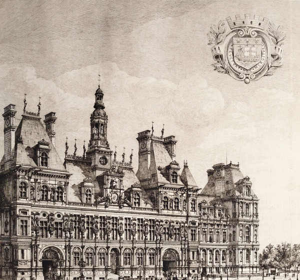 Etching Paris City Hall Engraving By Eugène Sadoux  Old Print Dated 1886 19th C