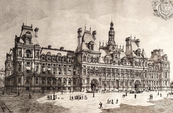 Etching Paris City Hall Engraving By Eugène Sadoux  Old Print Dated 1886 19th C