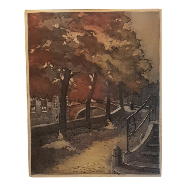 Gravure en couleurs, numérotée et signée, « GROENE GREI » (Bruges) de GIELIS PIERRE :