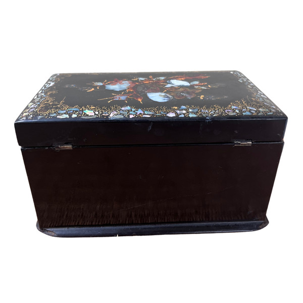Small blackened wooden tea box with mother-of-pearl - Bird decoration - Napoleon III Period - 19th Century