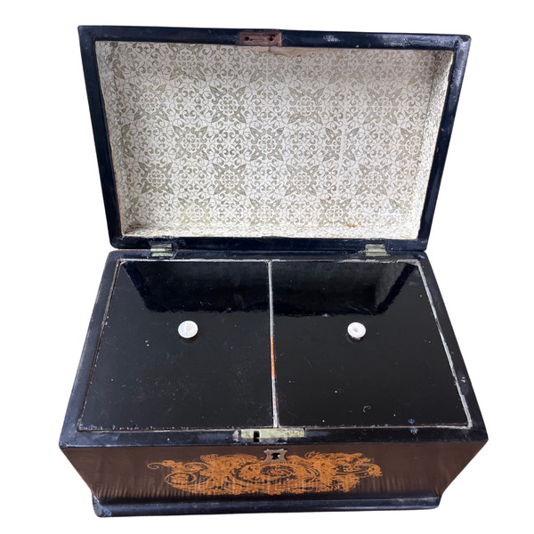 Small blackened wooden tea box with mother-of-pearl - Bird decoration - Napoleon III Period - 19th Century