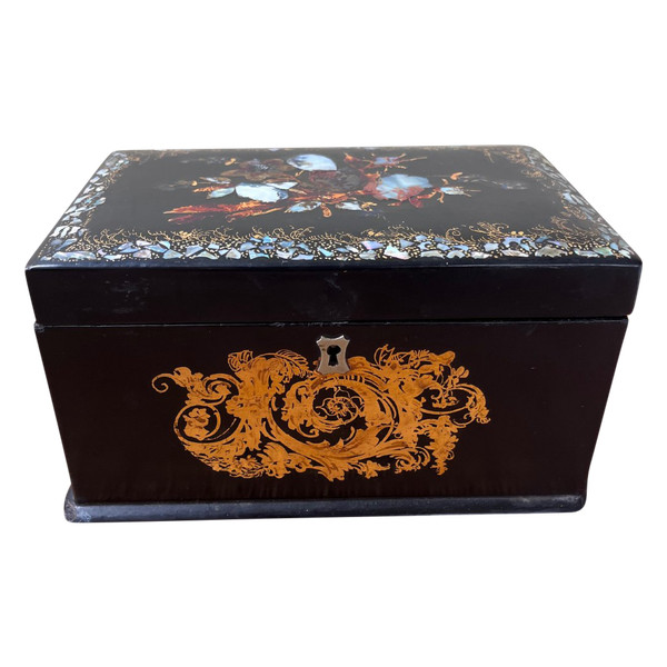 Small blackened wooden tea box with mother-of-pearl - Bird decoration - Napoleon III Period - 19th Century